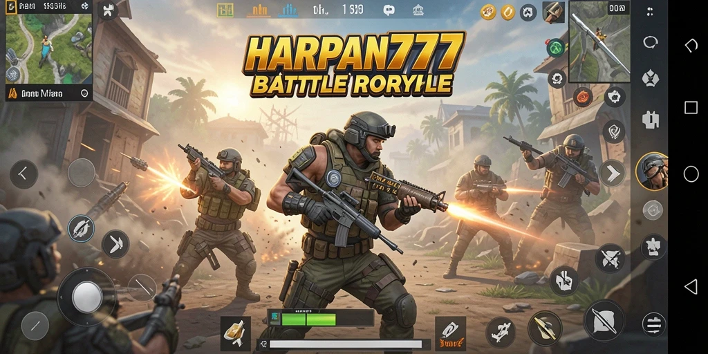 Tampilan gameplay menegangkan di <strong>HARAPAN777</strong> dengan aksi Battle Royale yang intens.