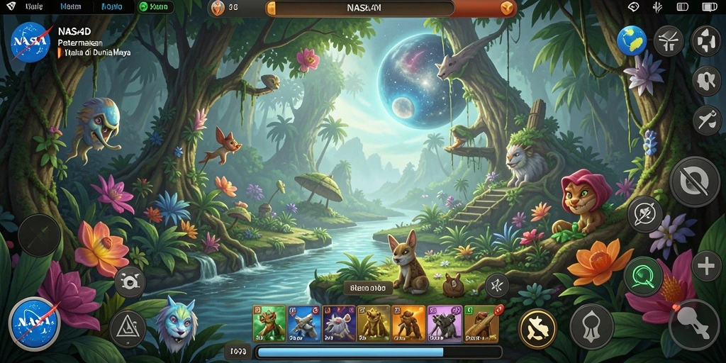 Screenshot gameplay NASA4D menampilkan ladang yang hijau dan hewan ternak yang bahagia.